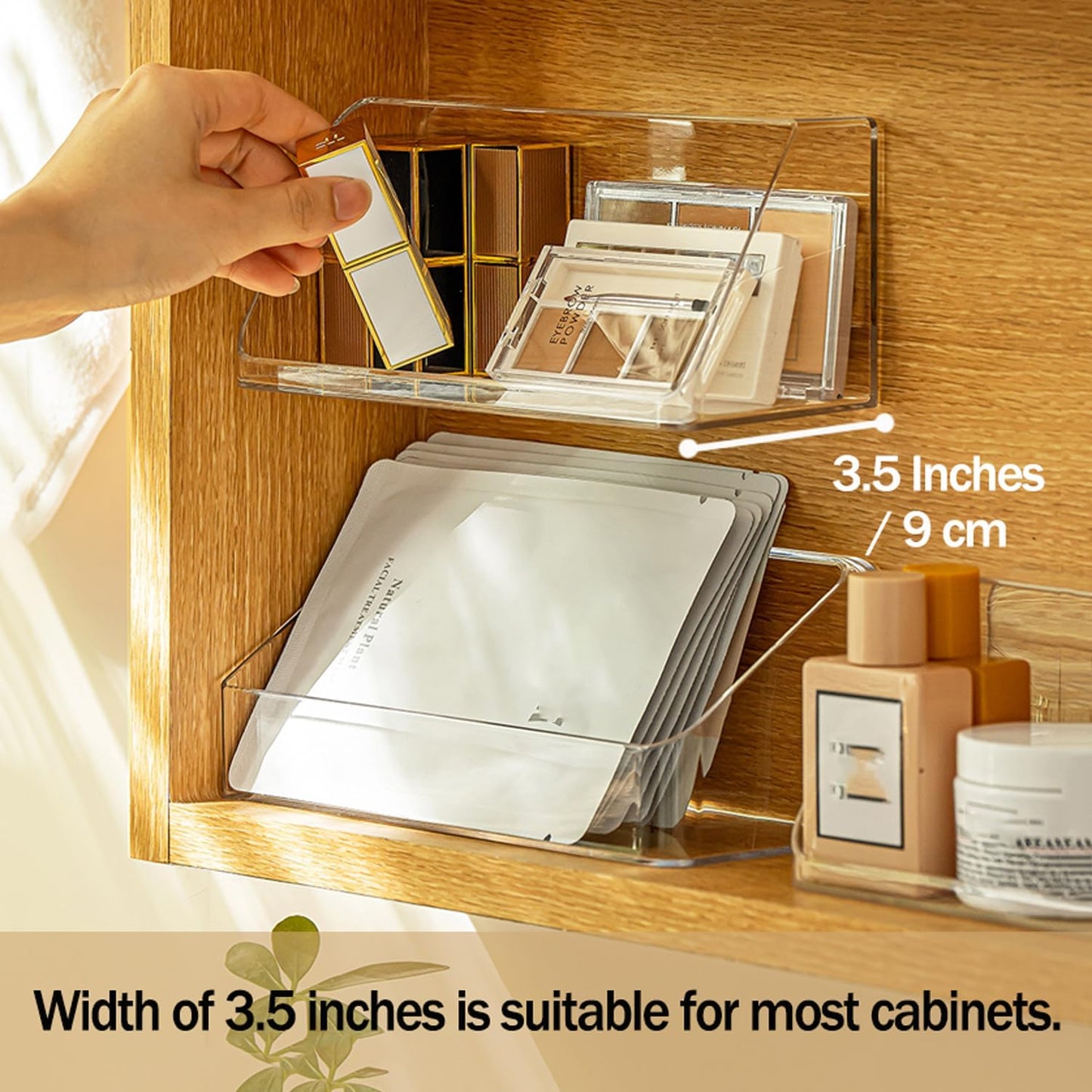 MORNITE Bathroom Medicine Cabinet Organizer Set, Narrow Compact Makeup Shelves Holder for Lipstick, Cosmetic, 2 Pcs Trays for Cabinet Door Wall, Vanity - Clear