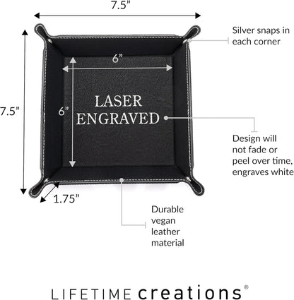 Lifetime Creations Monogrammed Valet Tray for Men (Brown) - Personalized Vegan Leather Catch All, Nightstand Desktop Desk Organizer for Coins, Keys, Watch