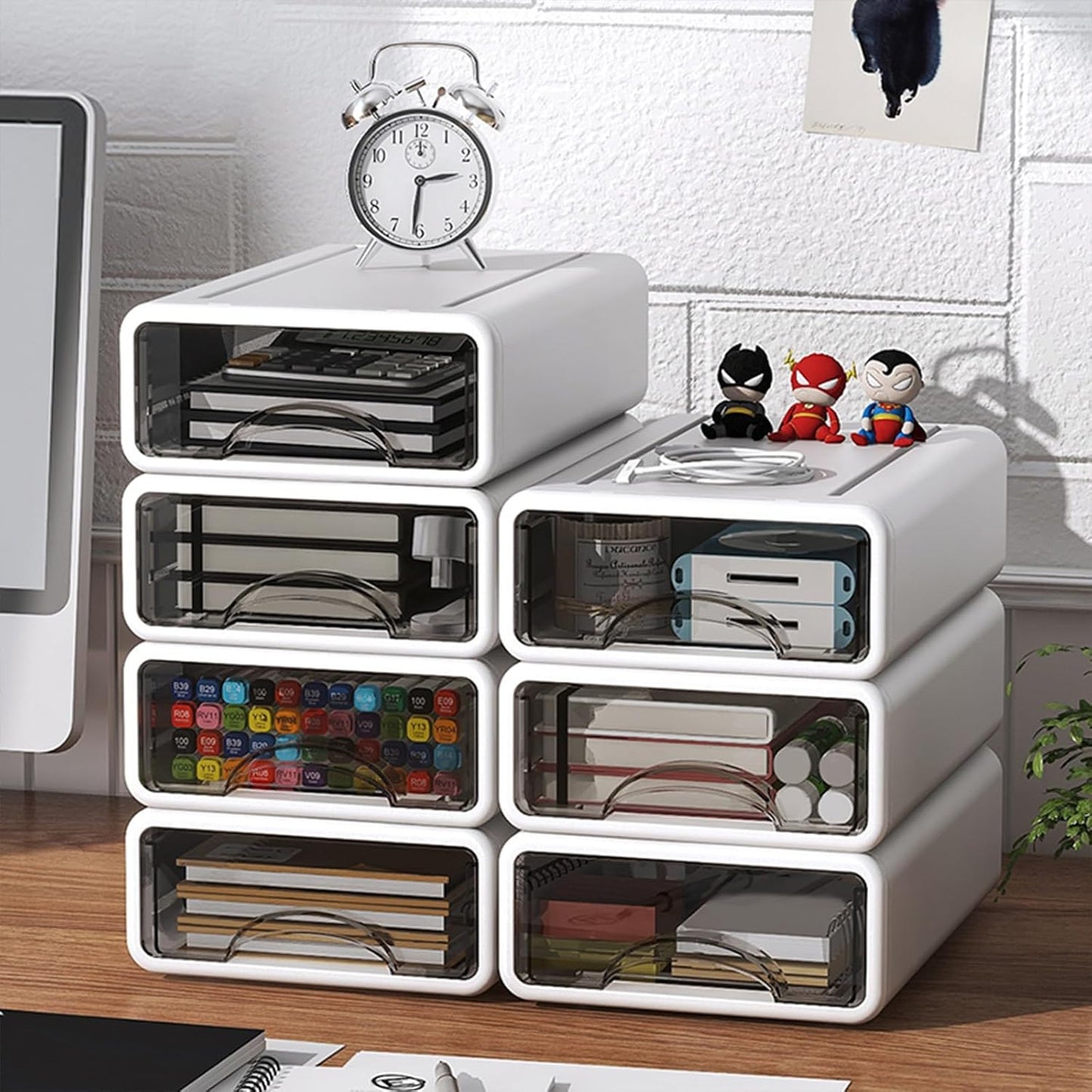 Desk Organizer with Drawers, Stackable Storage Drawers with Compartments Desktop Organization for Office Supplies, Makeup, Pencils, Tape, Erasers, Paperclips, Chargers (4 Pack)