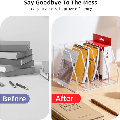 Acrylic Magazine File Holder, 4 Vertical Compartments Desk Document Sorter Organizer, Clear Folder Rack Binder for Office, Documents, Tablets, Magazines, Books – Home/Classroom Rack