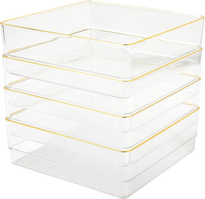 Martha Stewart Kerry Plastic Stackable Office Desk Drawer Organizers, 6" x 3", 6 Pack, with Gold Trim
