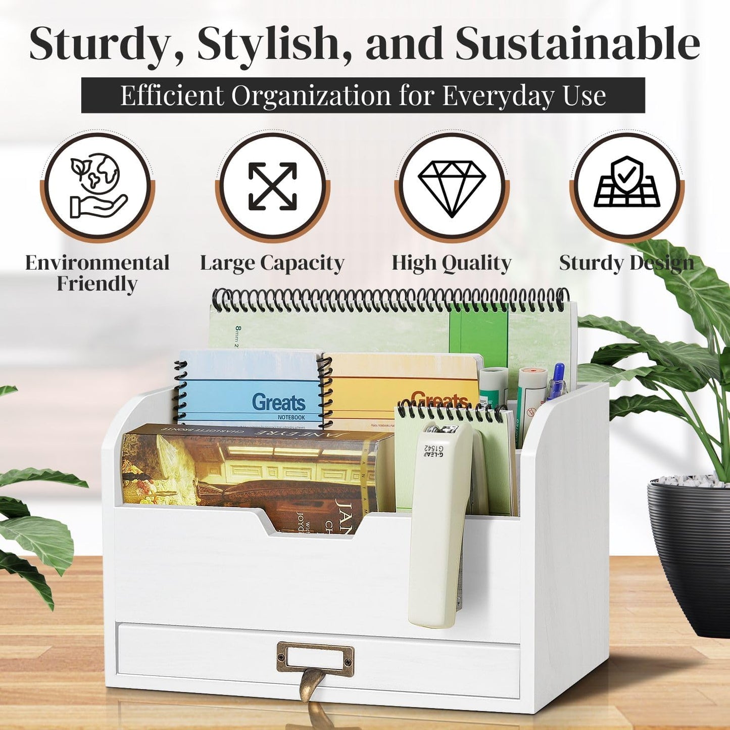 Flexzion 3 Tier Wooden Desk Organizer - Country Rustic Compartments Slot File Tray Pencil Sorter Shelf Holder Supplies Rack Accessories Set with Storage Drawer for Desktop Tabletop Office Home Brown