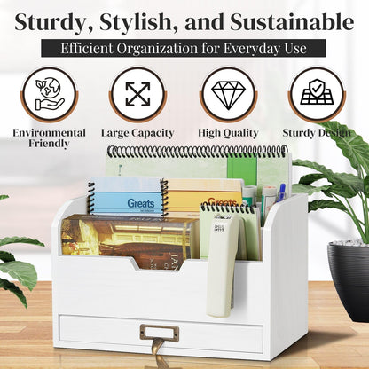 Flexzion 3 Tier Wooden Desk Organizer - Country Rustic Compartments Slot File Tray Pencil Sorter Shelf Holder Supplies Rack Accessories Set with Storage Drawer for Desktop Tabletop Office Home Brown