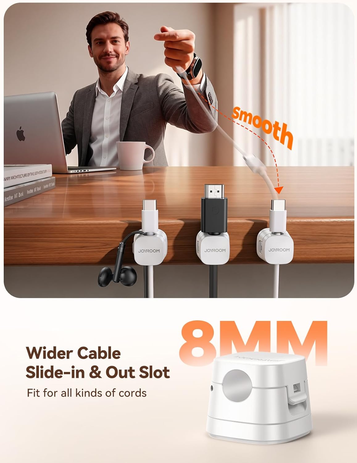 JOYROOM Detachable Magnetic Cord Organizer w/Secure Snap-Lock, 2-in-1 Adhesive& Magnetic Cable Clips, Auto-Fit Spring Management for φ1.5~8mm Cables, Under Desk Nightstand Home Office Car Wire Keeper