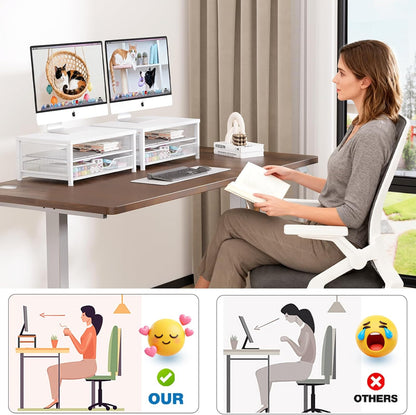 OPNICE Computer Monitor Stand Riser, Desk Organizer with Drawer, Printer & Laptop Stand, Office Desk Accessories & Workspace Desktop Organizers Storage for Office Supplies(Brown)
