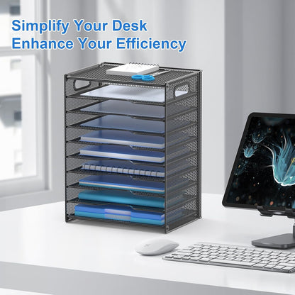 OUTWOLF 10 Tier Paper Organizer - Letter Tray Mesh Desk File Organizer with Handles for Office School Desktop, Black