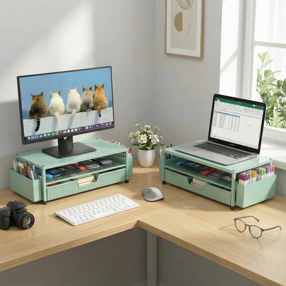 ECOLOVI Desk Organizer and Accessories, 2-Tier Computer Monitor Stand Rise with Storage Drawer & 2 Pen Holders, Laptop & Printer Stand for Desktop, Workspace Organizers for Office Supplies (Blue)