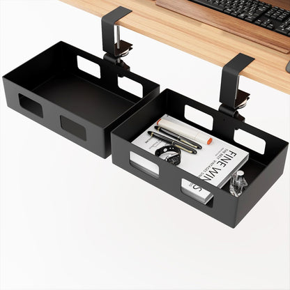 Clamp-on Side Desk Swivel Organizer, Under Desk Hidden Storage Drawer with Cable Hole, Hanging Desk Rotated Metal Basket for Extender Desk Space