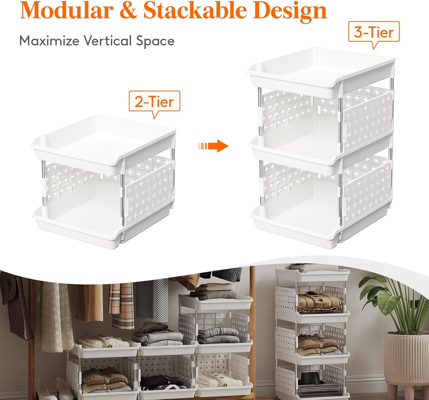 Lifewit Plastic Stackable Storage Baskets, 4 Tier Stacking Bins for Food and Clothes, Multifunctional Organizer for RV, Kitchen, Playroom, Pantry and Bathroom, 13.8"D x 11.8"W x 28.3"H, 1 Pack, White
