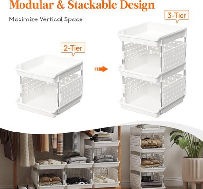 Lifewit Plastic Stackable Storage Baskets, 4 Tier Stacking Bins for Food and Clothes, Multifunctional Organizer for RV, Kitchen, Playroom, Pantry and Bathroom, 13.8"D x 11.8"W x 28.3"H, 1 Pack, White
