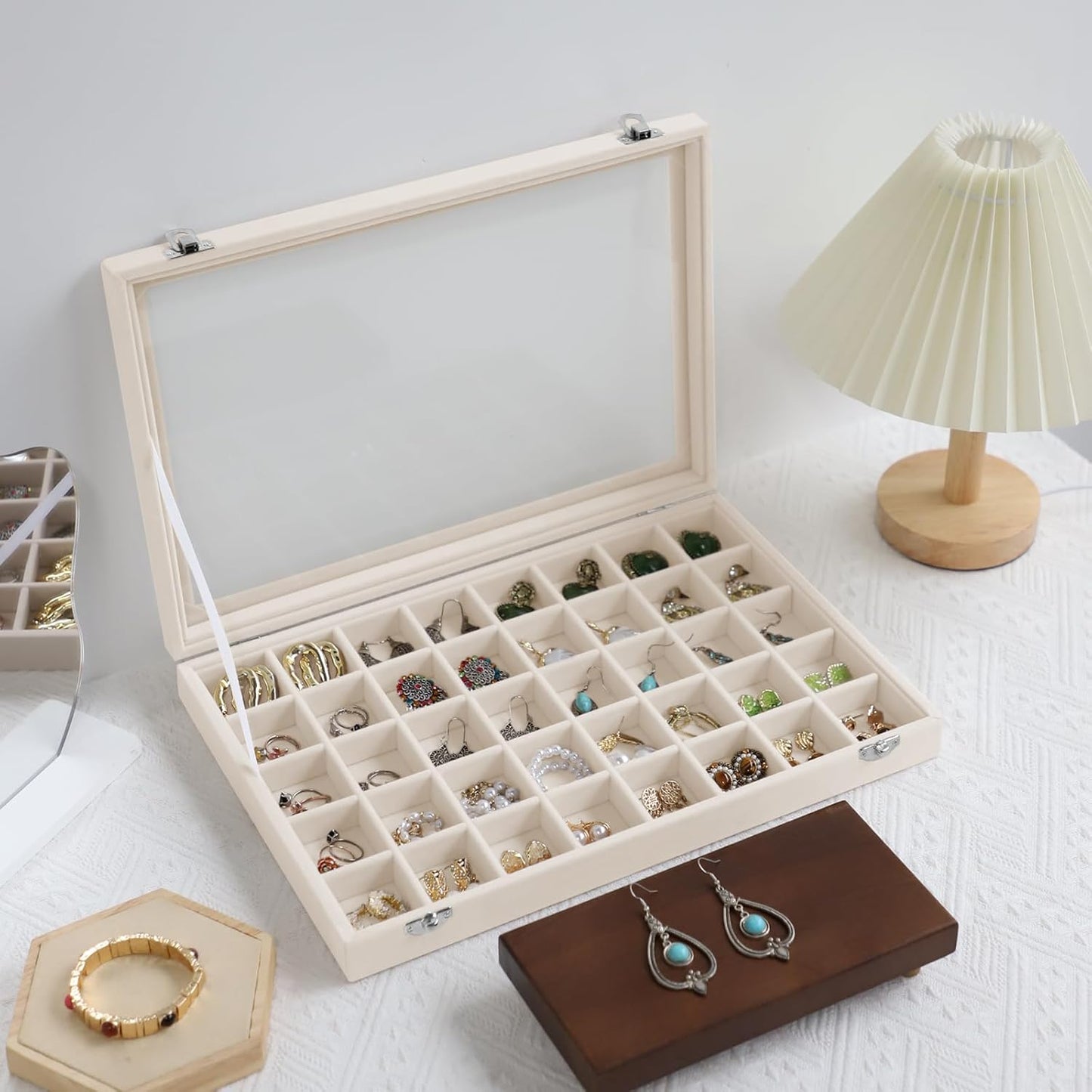 Stratalife Jewelry Organizer Bracelet Organizer Storage Box 12 Grid Stackable Jewelry Tray with Lid Velvet Jewelry Box for Drawer Necklace Bracelet Display Storage Organizer Box (Beige)