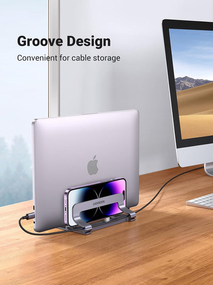 UGREEN 3-Slot Vertical Laptop Stand Holder Desk Compatible with MacBook Pro Air Laptop Stand Desktop Adjustable, Lenovo Ideapad, Surface Book, HP Notebook, Dell Chromebook Up to 17.3 Inch, Space Gray