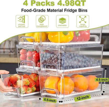 6-Pack Fridge Drawer Organizer, Pull-out Stackable Refrigerator Organizers and Storage, Clear Fruit Storage Containers Bins with Drain Tray for Kitchen Cabinet, Pantry Organization