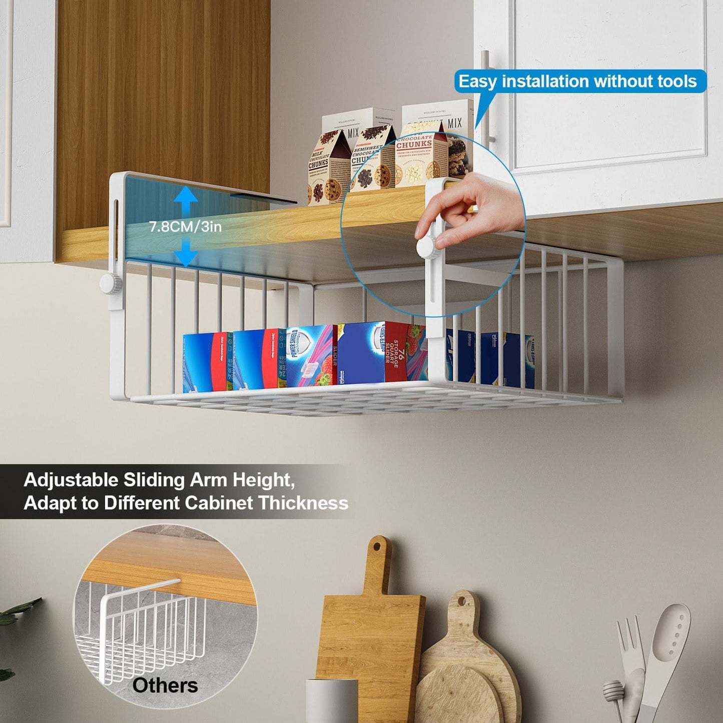 AmonHouseware 2Pack Under Shelf Basket Organizer,Adjustable Hanging Holder Storage for Cabinet Pantry Kitchen Cupboard Desk Counter Bookshelf Organization Add-on Space Saver Heavy Duty Slide-in,Black