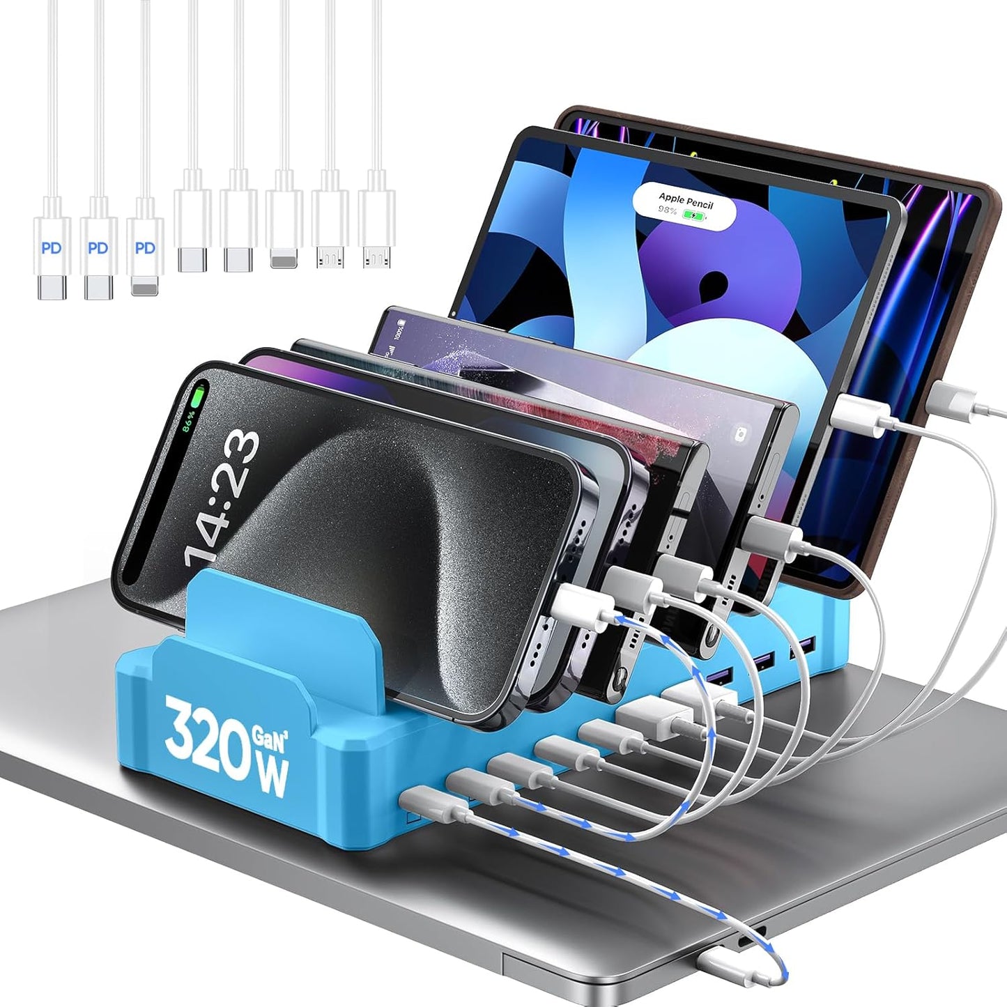 420W Charging Station for Multiple Devices, Zobirez 10-Port USB C Fast Charger Stations for MacBook, iPhone, Android Cell Phone, iPad, Tablet, Family Multi-Device Organizer Charging Dock, Black