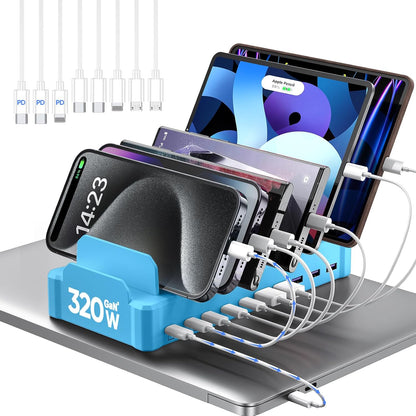 420W Charging Station for Multiple Devices, Zobirez 10-Port USB C Fast Charger Stations for MacBook, iPhone, Android Cell Phone, iPad, Tablet, Family Multi-Device Organizer Charging Dock, Black