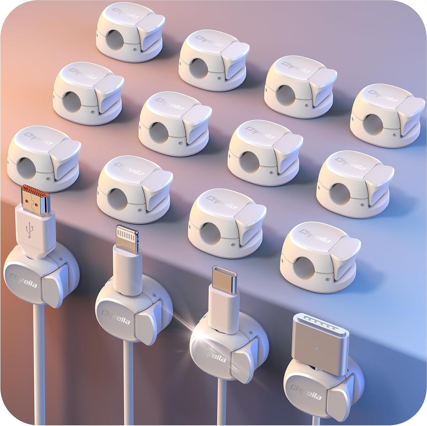 8Pack Cord Organizer [Dual Spring & Clasp, Max Secure] Cable Clips - Chfeila Cable Management, Adhesive Phone Charging Wire Holder for Nightstand/Wall, Home Office Desk Accessories Decor Essentials