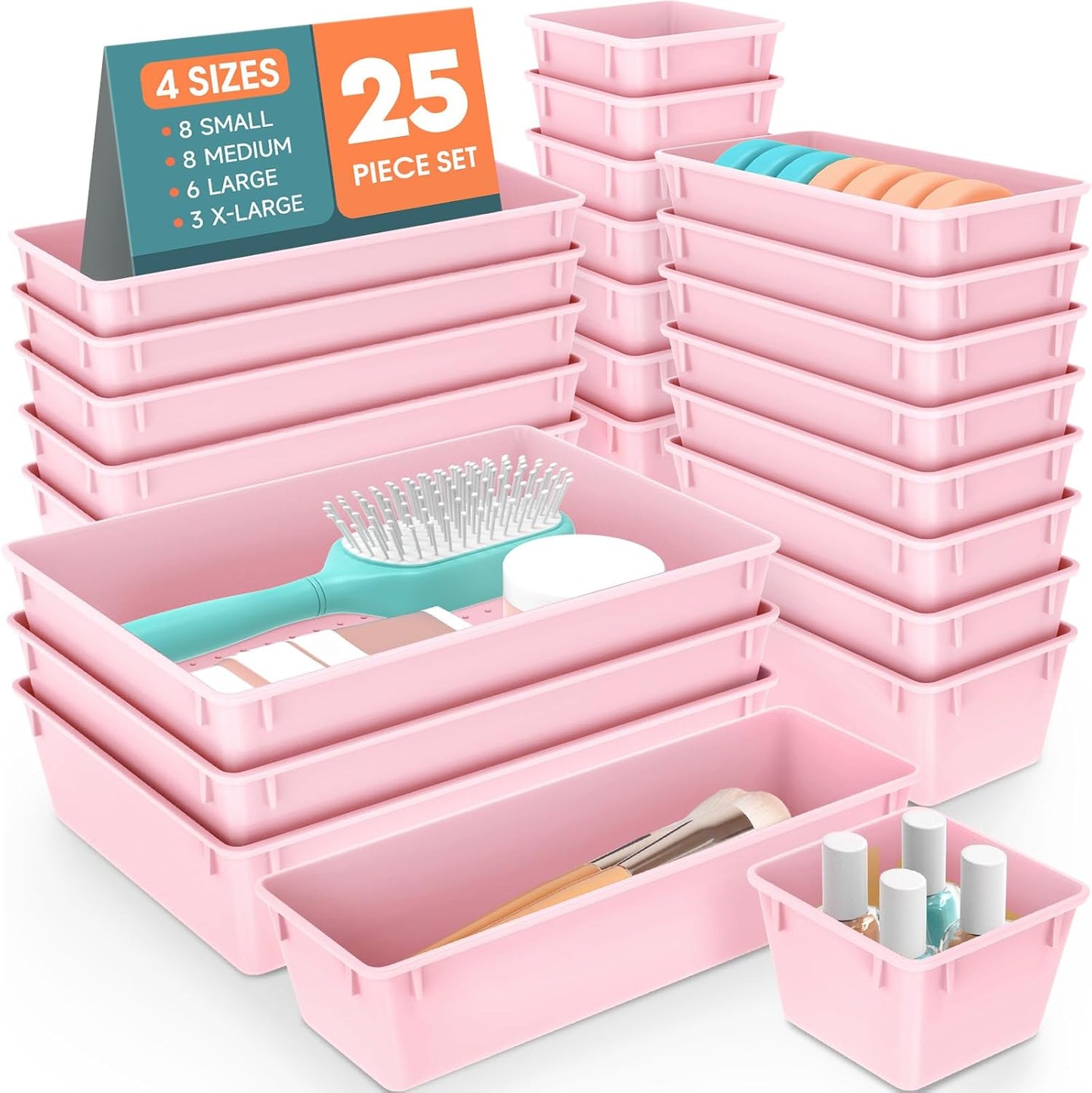 WOWBOX 25 PCS Clear Plastic Drawer Organizer Set, 4 Sizes Desk Drawer Divider Organizers and Storage Bins for Makeup, Jewelry, Gadgets for Kitchen, Bedroom, Bathroom, Office