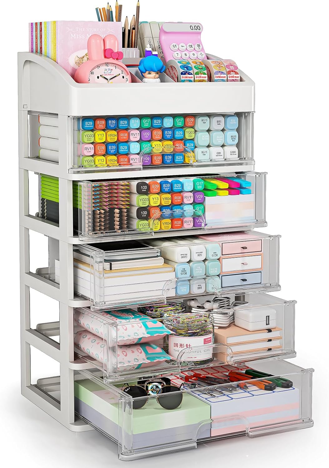 Desk Organizer with 4 Drawer Storage, Desktop Drawers Organizer for Office/School Supplies, Plastic Stationary Makeup Organizer, Desk Storage Box Organizer for Office, School, Bathroom