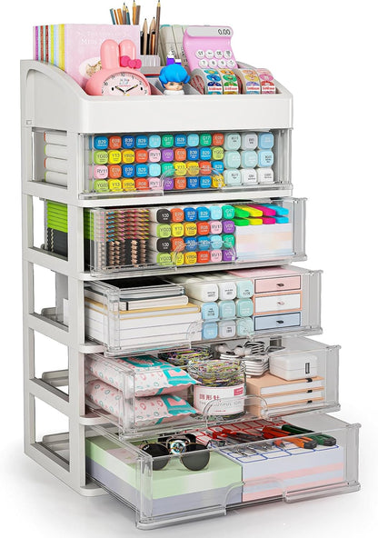 Desk Organizer with 4 Drawer Storage, Desktop Drawers Organizer for Office/School Supplies, Plastic Stationary Makeup Organizer, Desk Storage Box Organizer for Office, School, Bathroom