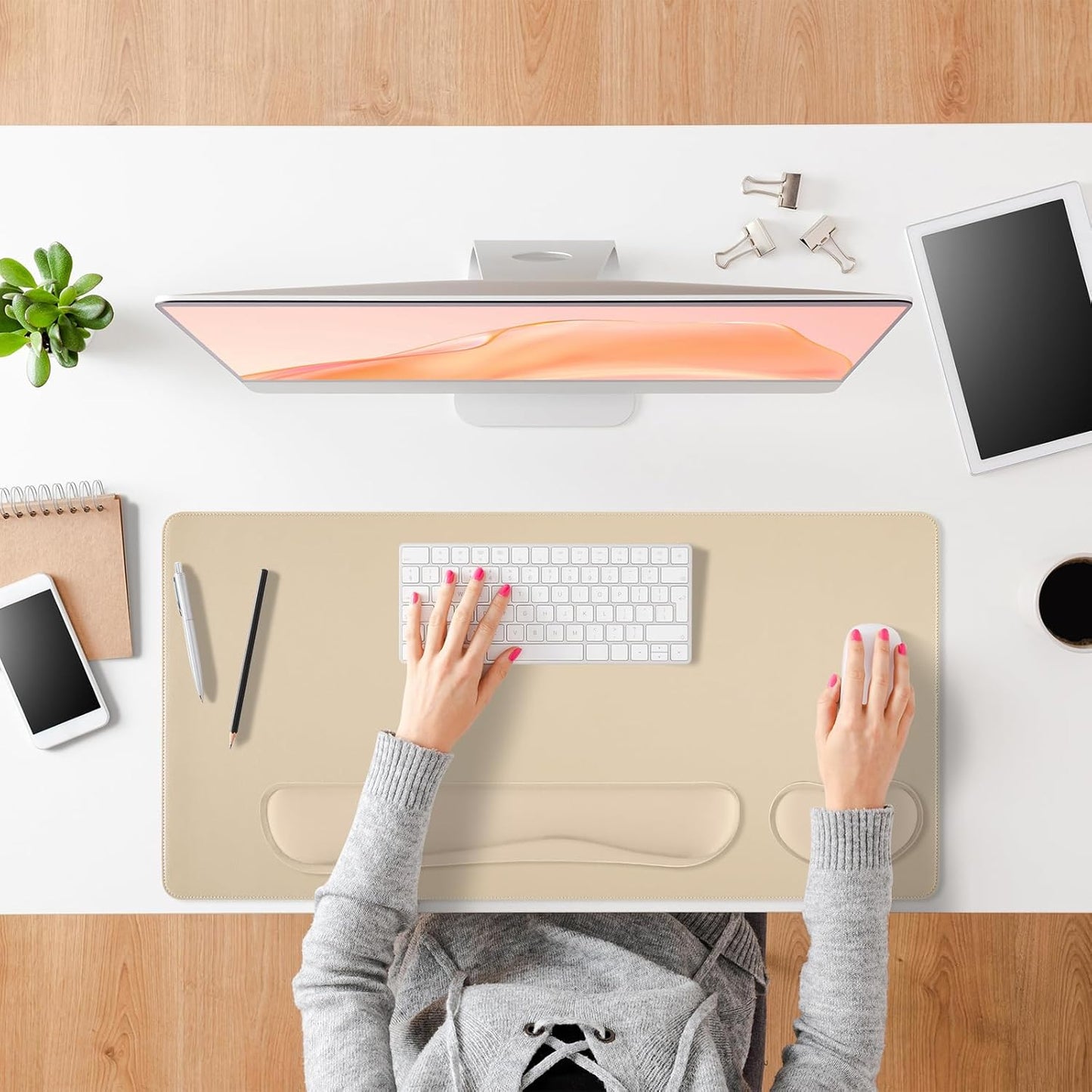 Green Desk Pad and Keyboard Wrist Rest, 3in1 Mousepad + Keyboard Wrist Rest+Mouse Wrist Rest for Home Office Table Computer Cover. (31.5×15.7,Green)