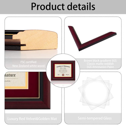 ELSKER&HOME Diploma Frame - Wide Solid Wood Frame - Black Velvet Golden Rim Mat - Semi-Tempered Glass - Includes Hanging Hardware and Desktop Easel(ONLY Display 11×14 Document/Certificate)