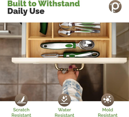 Pristine Bamboo Expandable Drawer Organizers for Kitchen - Extra Deep Non-Slip 17” x 14.6” (expands up to 25 inches) - Dark Wooden Silverware Divider (10 Compartments) – Organize Cooking Utensils
