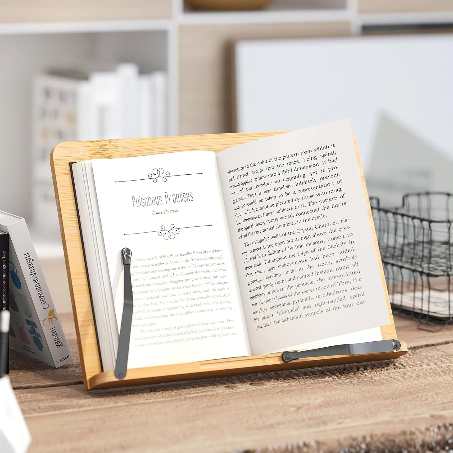 Bamboo Book Stand, Adjustable Reading Holder with Page Clips, Portable Lightweight Desk Stand for Textbooks, Cookbooks (Small)