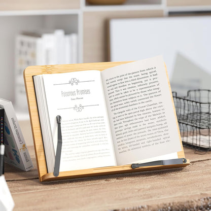 Bamboo Book Stand, Adjustable Reading Holder with Page Clips, Portable Lightweight Desk Stand for Textbooks, Cookbooks (Small)