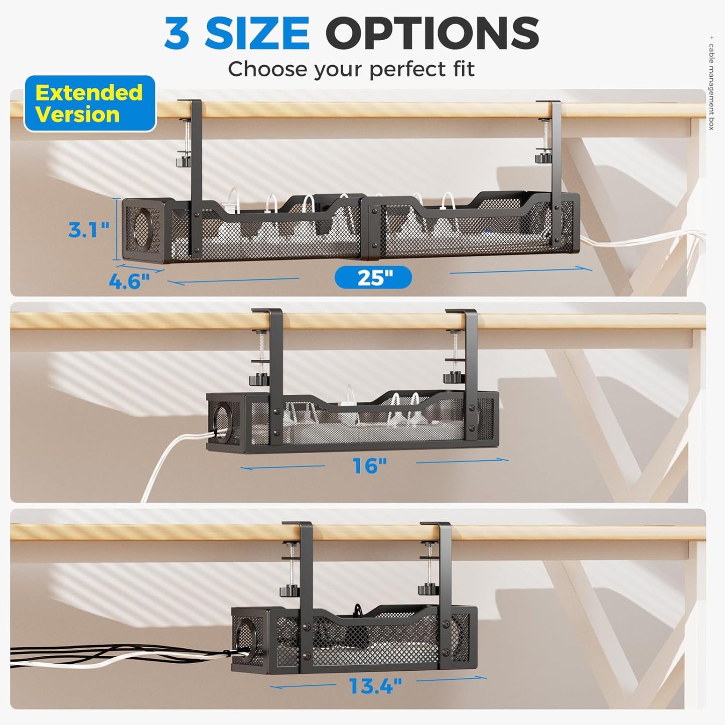 Under Desk Cable Management Tray White, Cinati Wire Organizers No Drill, Cable Tray with Clamp for Wire Management, Cord Organization Box for Office, Home - No Damage to Desk
