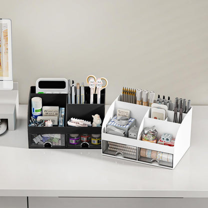 COMFYROOM Desk Organizer with 6 Compartments and 2 Drawers, Plastic Makeup Organizer, Pen Holder for Desktop Storage, Desk Organization for School, Home, Office Supplies (White)