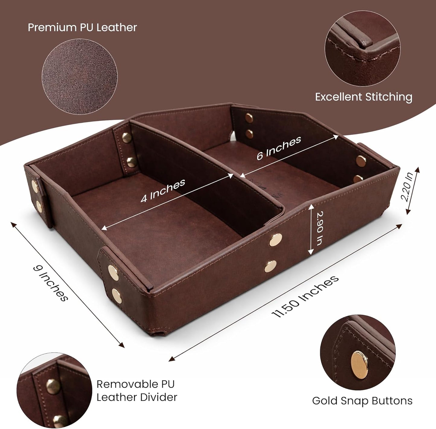 Valet Tray Organizer for Men & Women - PU Leather Catch All Tray with Removable Divider - EDC Storage for Keys, Watch, Phone - Nightstand, Dresser & Desk Organizer - Pacific Navy