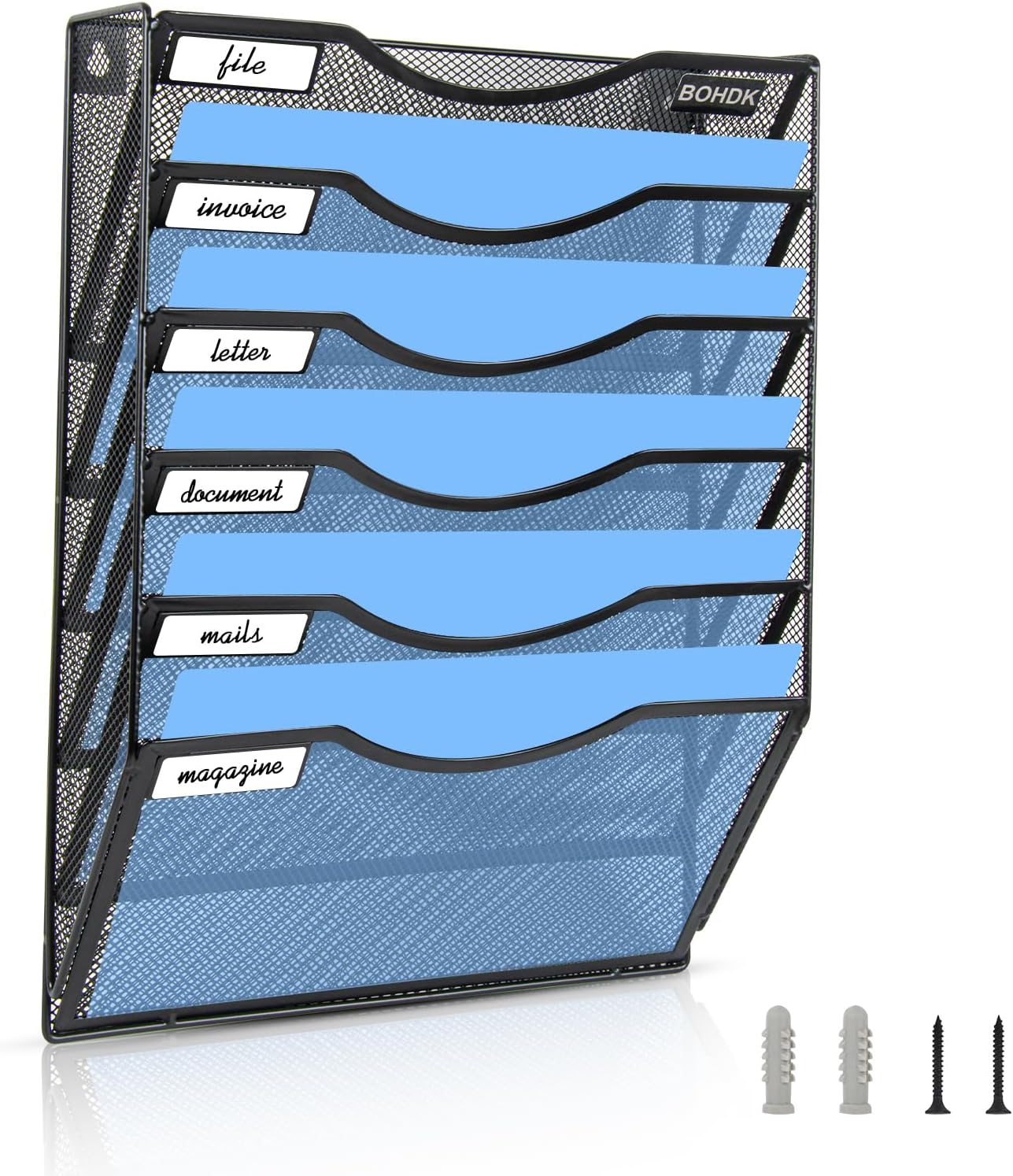 BOHDK Wall File Organizer, 6 Tier Hanging File Folder Mail Organizer, Vertical Mesh Metal Wall Mount Hanging File Holder, Paper Document Magazine Rack for Home Office Black