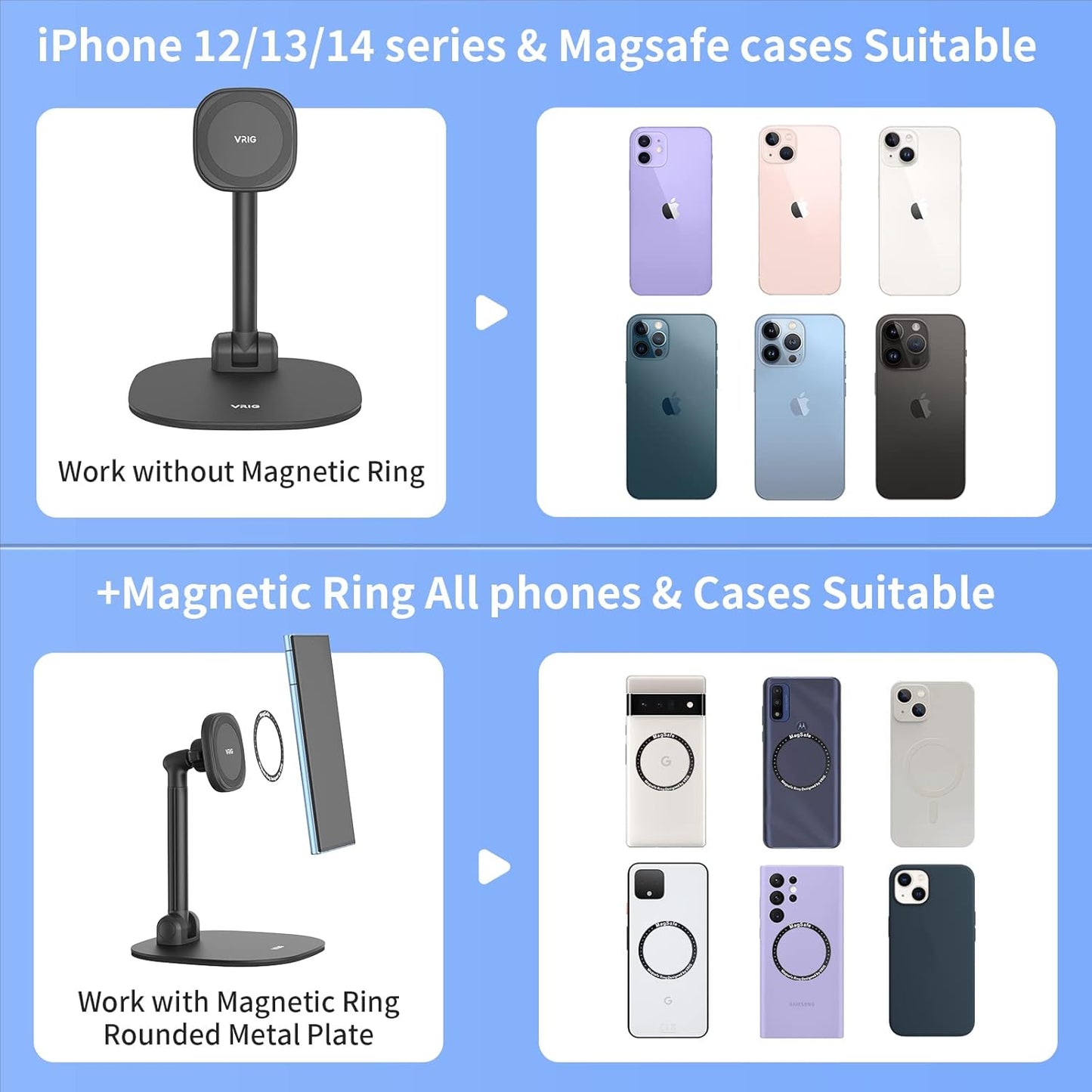 VRIG Magnetic Wireless Charger Phone Stand 360°Rotation Desktop Phone Holder Adjustable Cell Phone Stand for iPhone 17/17pro/16/15/14/13 Series Foldable Wireless Charging Station for Android/AirPod