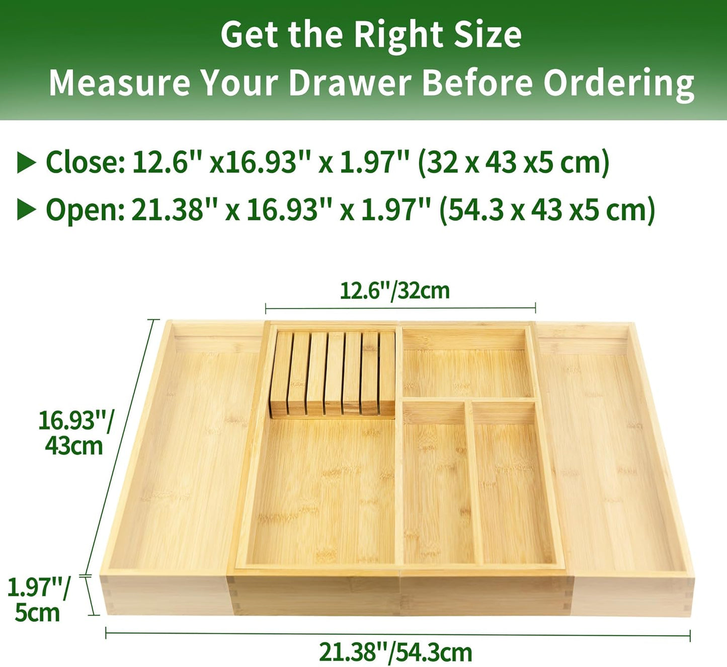 VaeFae Bamboo Silverware Drawer Organizer Kitchen, Expandable Utensil Organizer with Knife Block, Cutlery Tray with Divider, Multifunctional Drawer Organizer