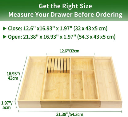 VaeFae Bamboo Silverware Drawer Organizer Kitchen, Expandable Utensil Organizer with Knife Block, Cutlery Tray with Divider, Multifunctional Drawer Organizer