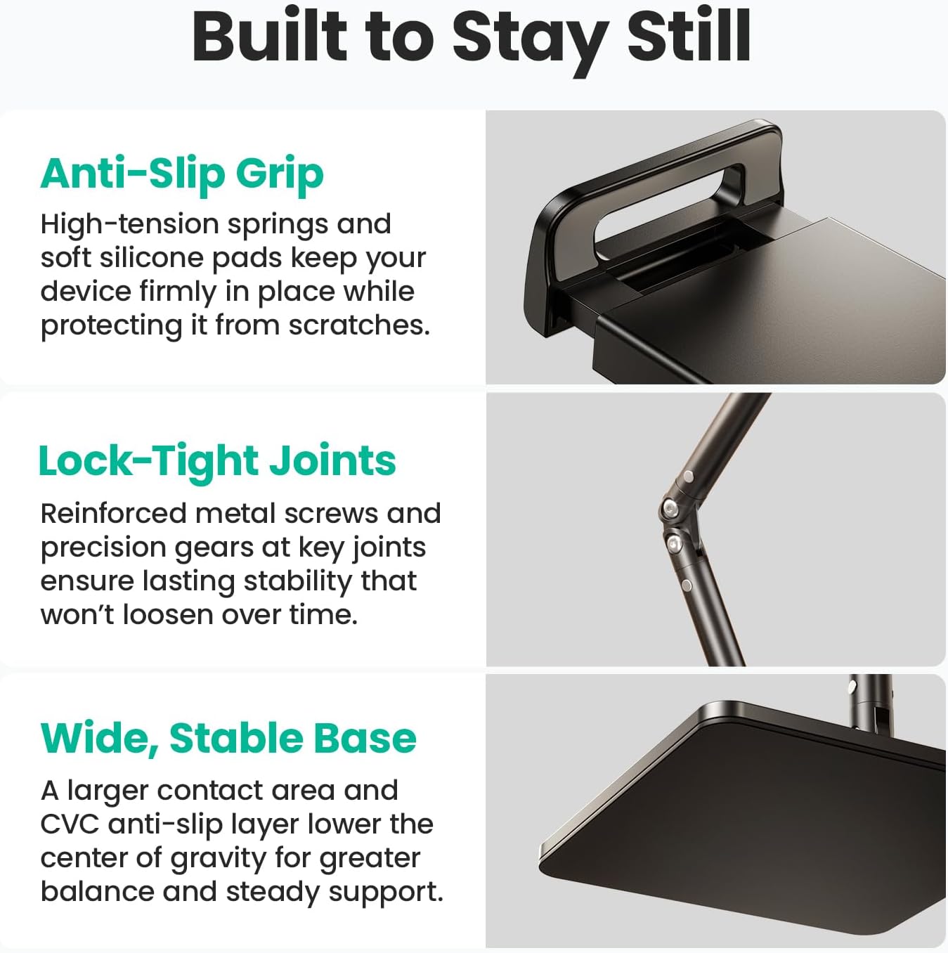 Ergonomic Phone iPad Stand for Desk - Ultra Sturdy Base, Adjustable & Foldable Mobile Holder with 2 Extendable Clamps, Work from Home Essentials Compatible with iPhone/iPad (1 Pack)