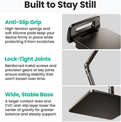 Ergonomic Phone iPad Stand for Desk - Ultra Sturdy Base, Adjustable & Foldable Mobile Holder with 2 Extendable Clamps, Work from Home Essentials Compatible with iPhone/iPad (1 Pack)