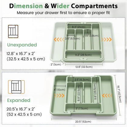 Caperci Large Silverware Organizer for Kitchen Drawer & Utensils - Expandable Drawer Organizer for Cutlery, Flatware & Gadget, BPA-Free Thick Plastic, Wider Compartments & Non-skid Feet (Tofu)
