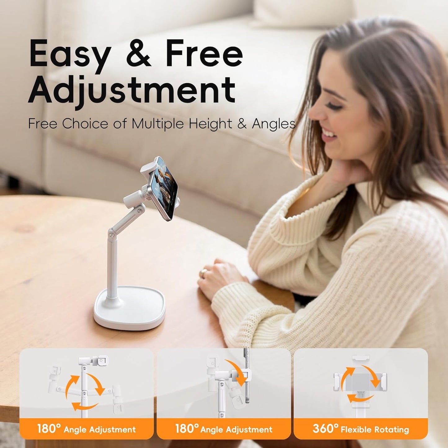 Adjustable Phone Stand for Desk, 360° Rotating Foldable Mobile Phone Holder, Sturdy Office Desk Accessories for All iPhone & Samsung Galaxy Models