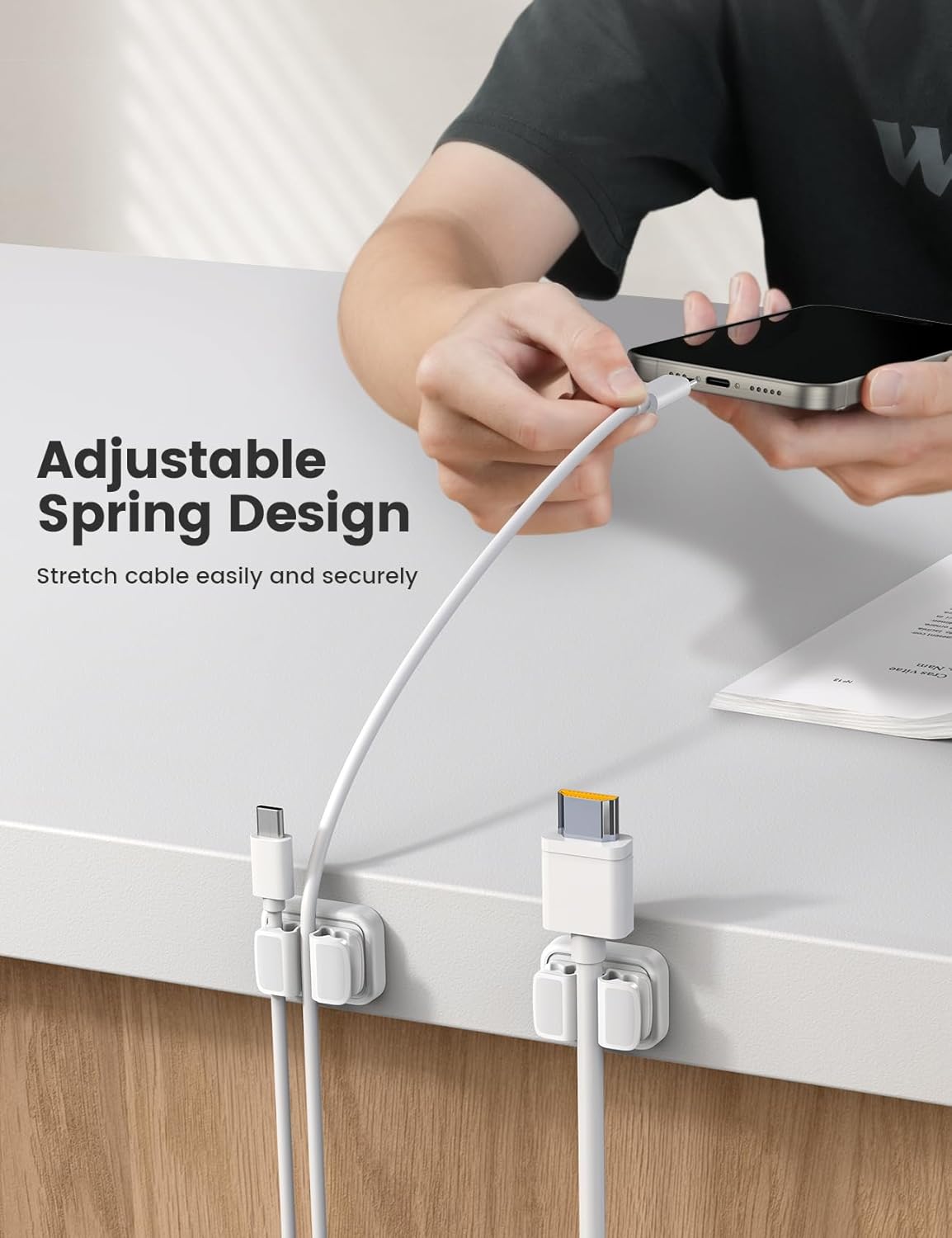 8Pack Cord Organizer [1s Lock] Spring Cable Management Clips - Lamicall Desk Organizer Cord Holder, Adhesive Cable Clips, Phone Charger Wire Keeper for Nightstand Car Office Desk Accessories, White