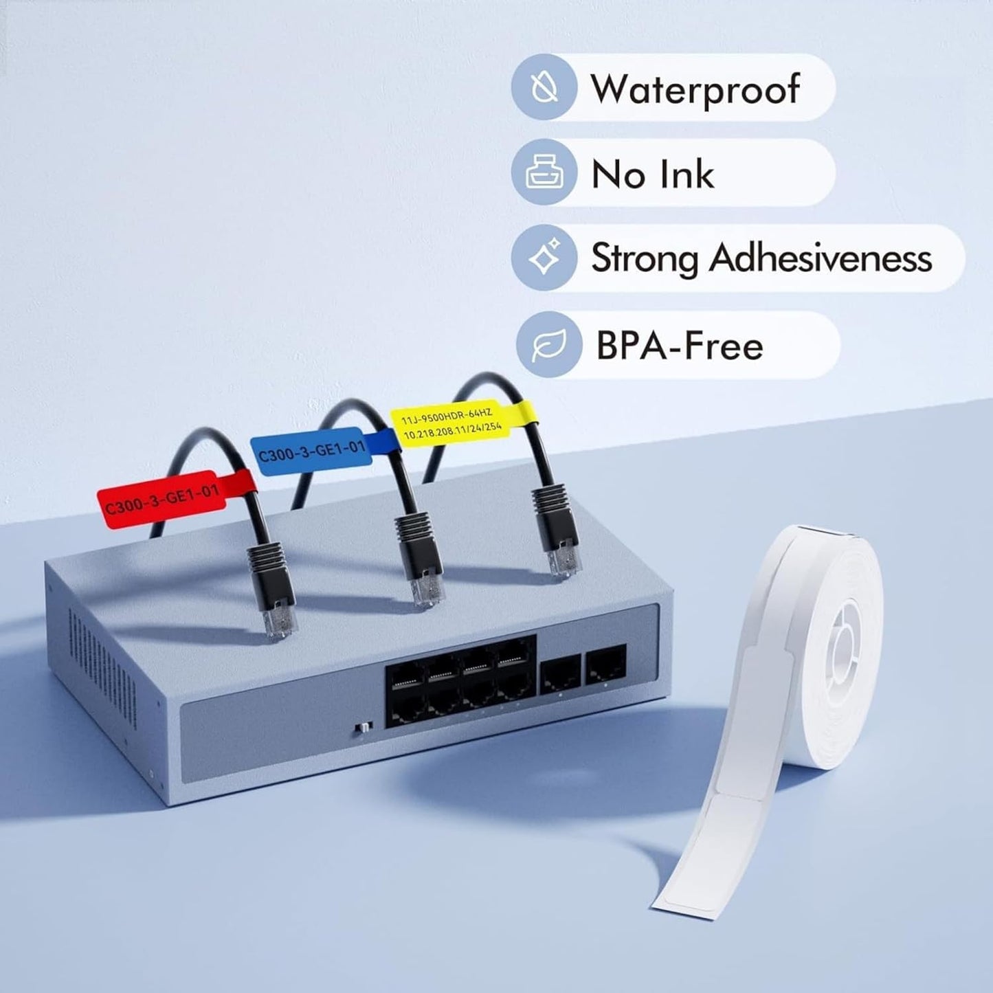 Risio Cable Labels 0.47"x4.29"(12x109mm),70 Labels/Roll(5 color set),Colorful Waterproof Labels for Electronic Devices with Cable Management, Self-Adhesive Tear-Resistant Cable Labels