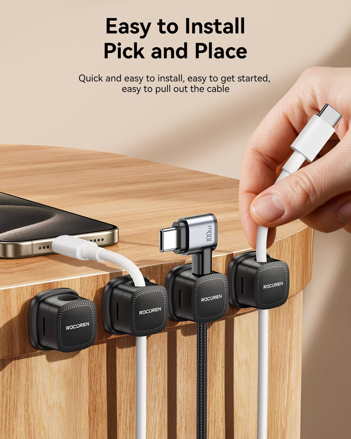 6-Pack Magnetic Cable Clips, Rocoren Smooth Adjustable Adhesive Cord Organizer, Desk Cable Management Wire Holder Keeper Cables Staples for Nightstand Home Office Desk Car Phone Wall Desktop