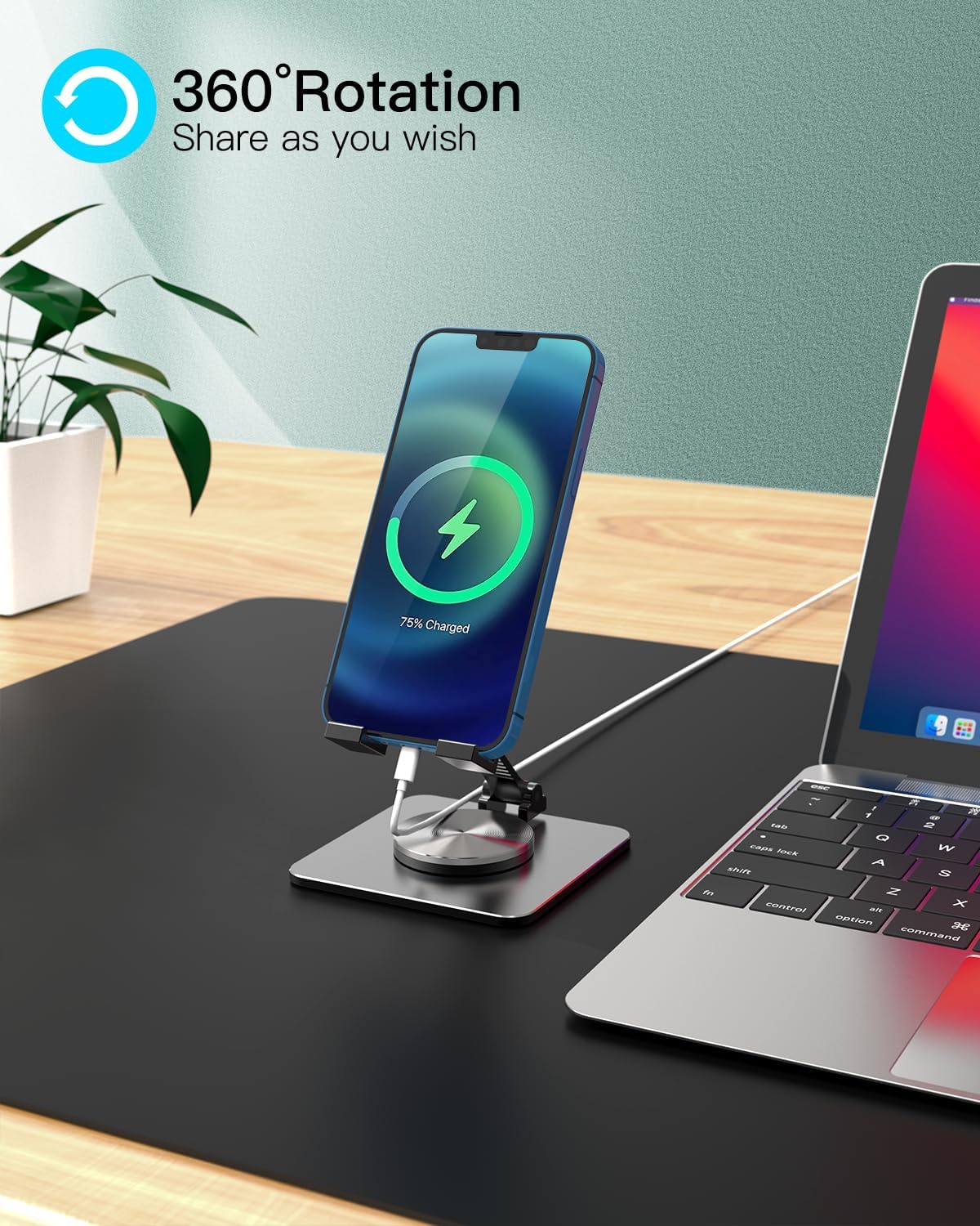 Cell Phone & Tablet Stand for Desk, Aluminum Adjustable Holder for iPhone, iPad & Smartphones || Foldable Mount with 360° Swivel, Stable Base & Portable Design for 4–9.7in Devices, Purple