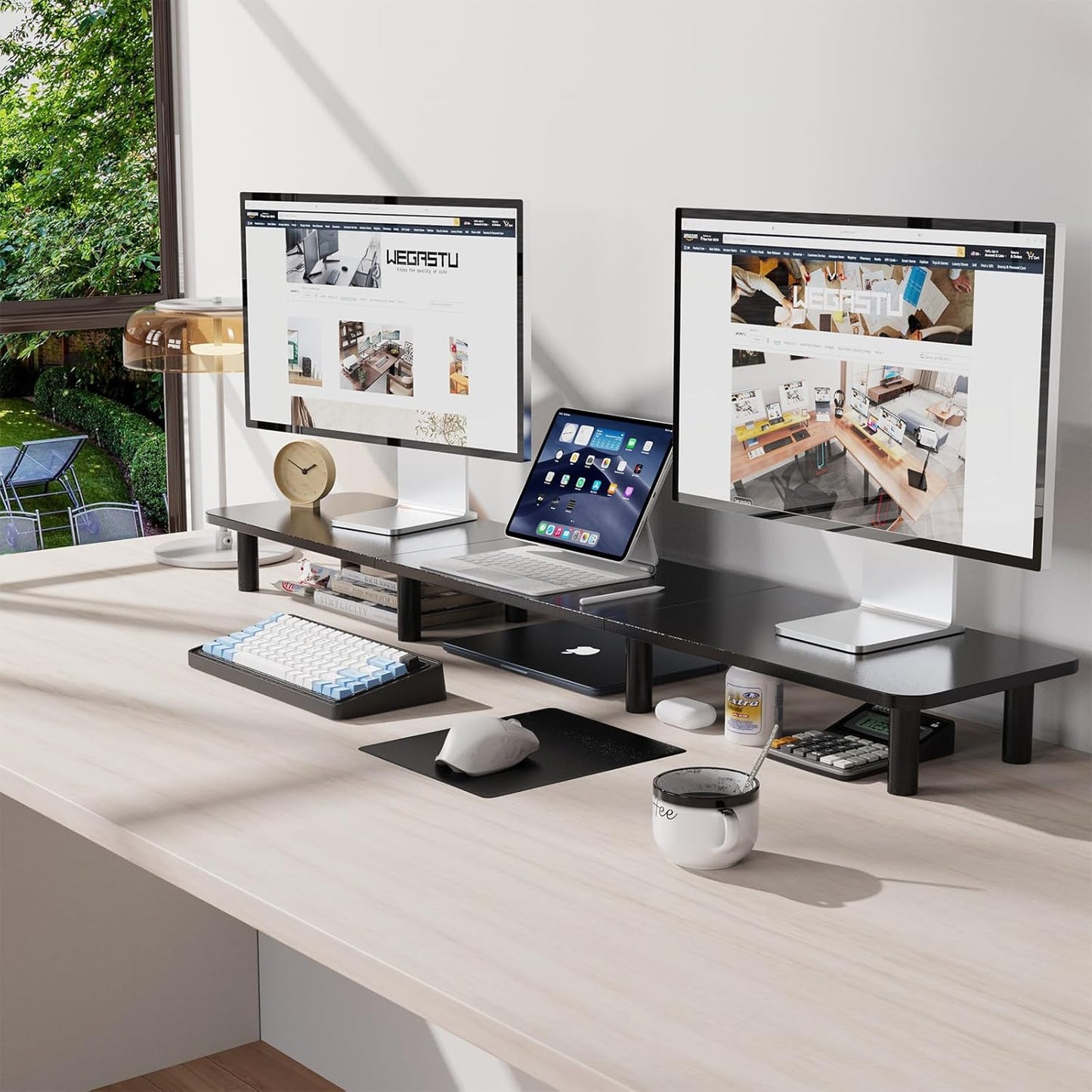 Dual Monitor Stand - 43.7 inch Extra Long Wide TV Stand - Wood & Steel Leg Desktop Riser - Desk Organization - Home Office (Vintage)