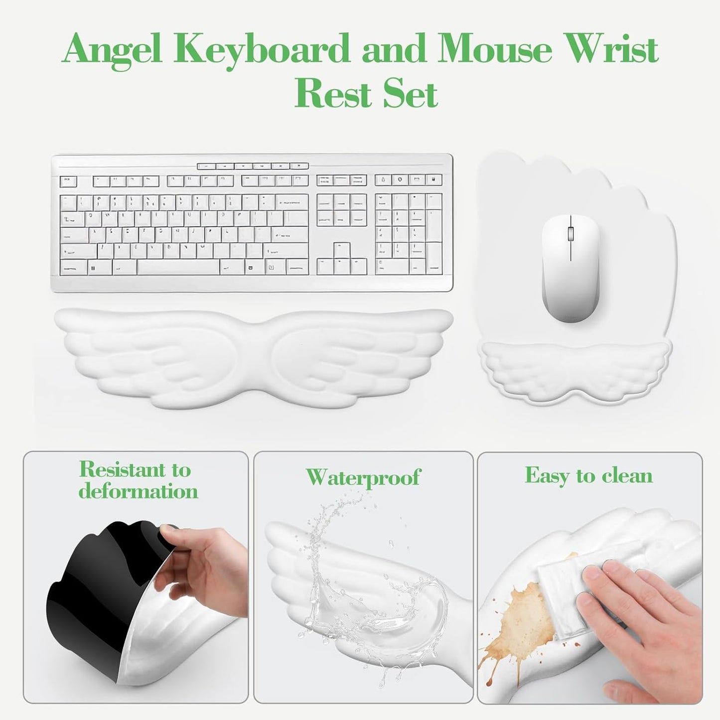 Angel Wing Wrist Rest Set, Ergonomic Keyboard Mouse Wrist Support Memory Foam Cushion Hand Support，Cute Wrist Rest Pu Leather Surface Non-Slip Base for Office, Gaming, Work(3Pcs, White)
