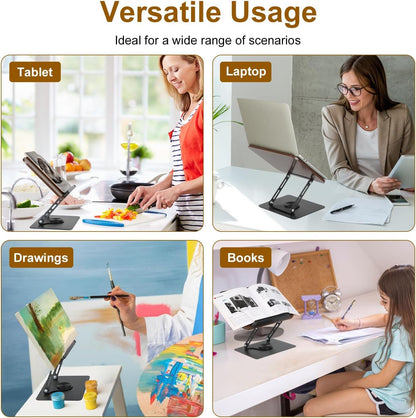 Book Stand for Reading, Adjustable Book Holder with 360° Rotating Bases, Foldable Designs, and Elastic Clips, Multifunctional Display Stand for Recipe, Cookbooks, Magazines, Tablets, Laptops