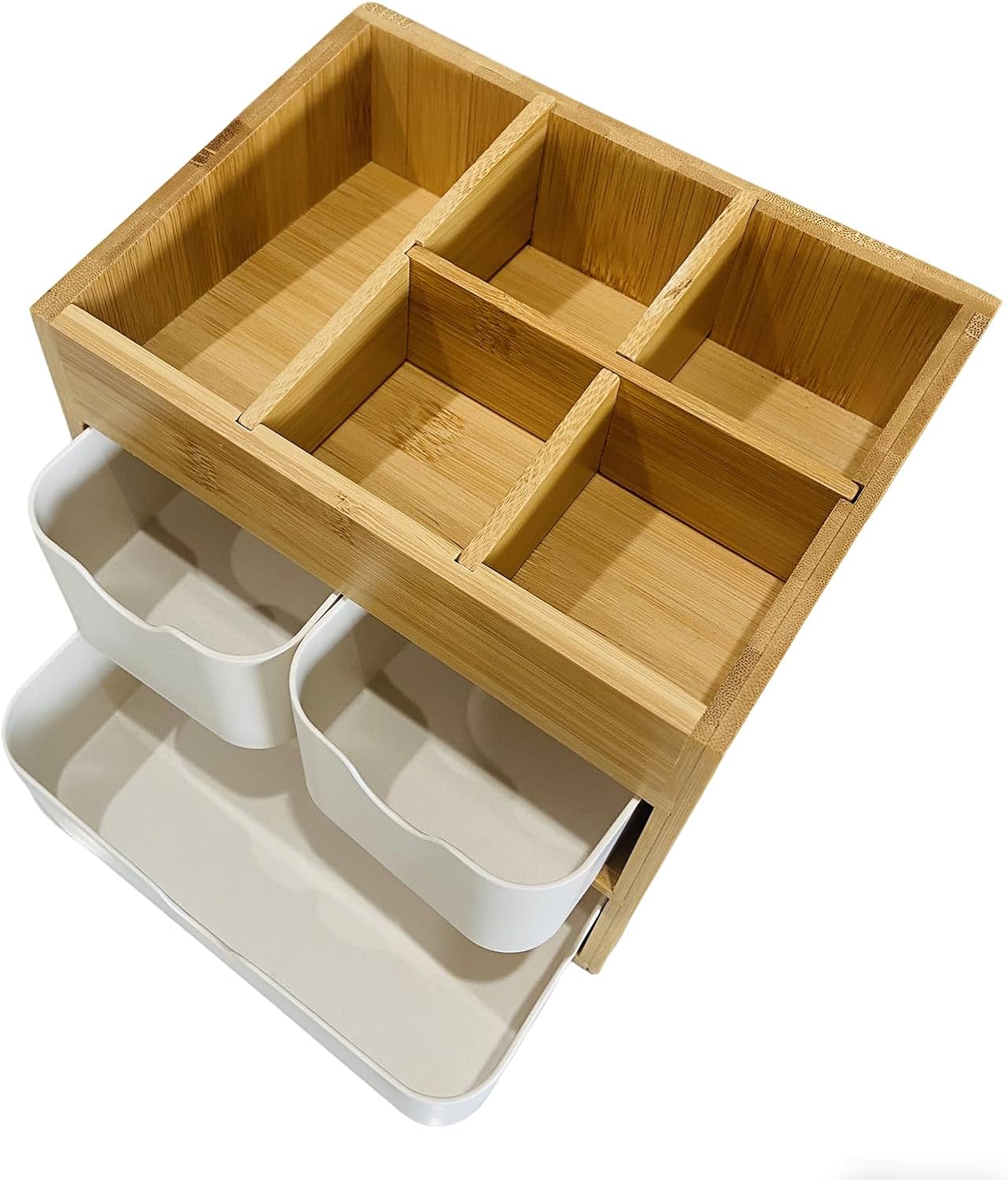 Bamboo Makeup Organizer Jewelry Box, Bamboo Desk organizer with 3 drawers and adjustable dividers, 3 Tier Jewelry Storage Case, Desktop Organization Storage