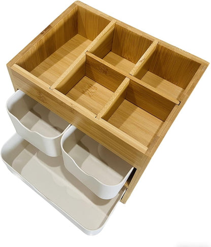 Bamboo Makeup Organizer Jewelry Box, Bamboo Desk organizer with 3 drawers and adjustable dividers, 3 Tier Jewelry Storage Case, Desktop Organization Storage