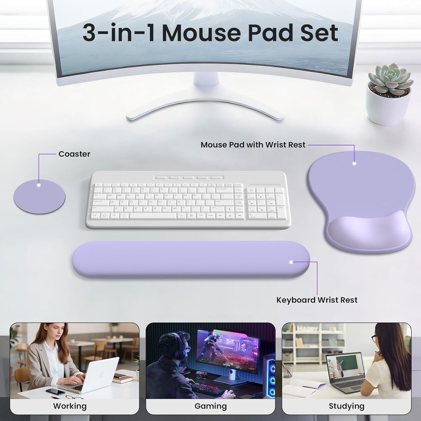 AKIT Ergonomic Mouse Pad and Keyboard Wrist Rest Set, Gel Memory Foam Wrist Rest with Non-Slip Base, 3-in-1 Mousepad Set for Pain Relief, Desk Accessories for Gaming, Home, Office(Black)